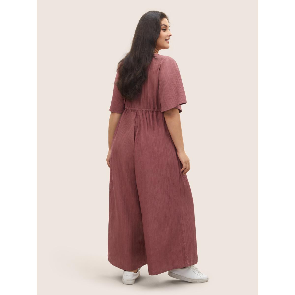 Plus Size Burgundy Plain Texture Drawstring Pleated Wrap Jumpsuit Women Casual Short sleeve Overlap Collar Everyday Loose Jumpsuits BloomChic 22-24/3X Product Image