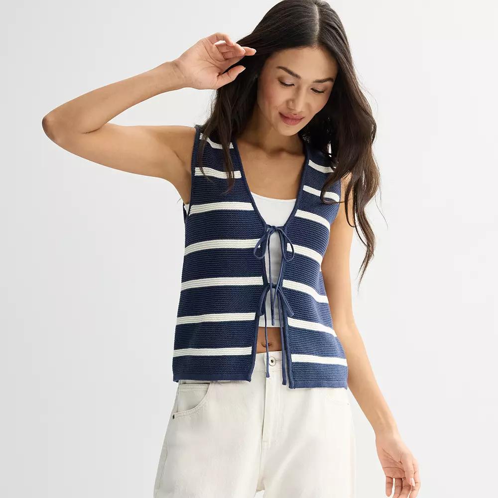 Women's Fourth + Bay Tie-Front Sweater Vest, Size: Medium, Navy And White Stripe Product Image