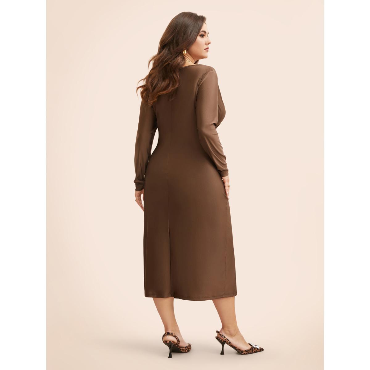 Plus Size Solid Cowl Neck Bodycon Dress Browncoffeecolor Women Elegant Pleated Cowl Neck Long Sleeve Curvy BloomChic 22-24/3X Product Image