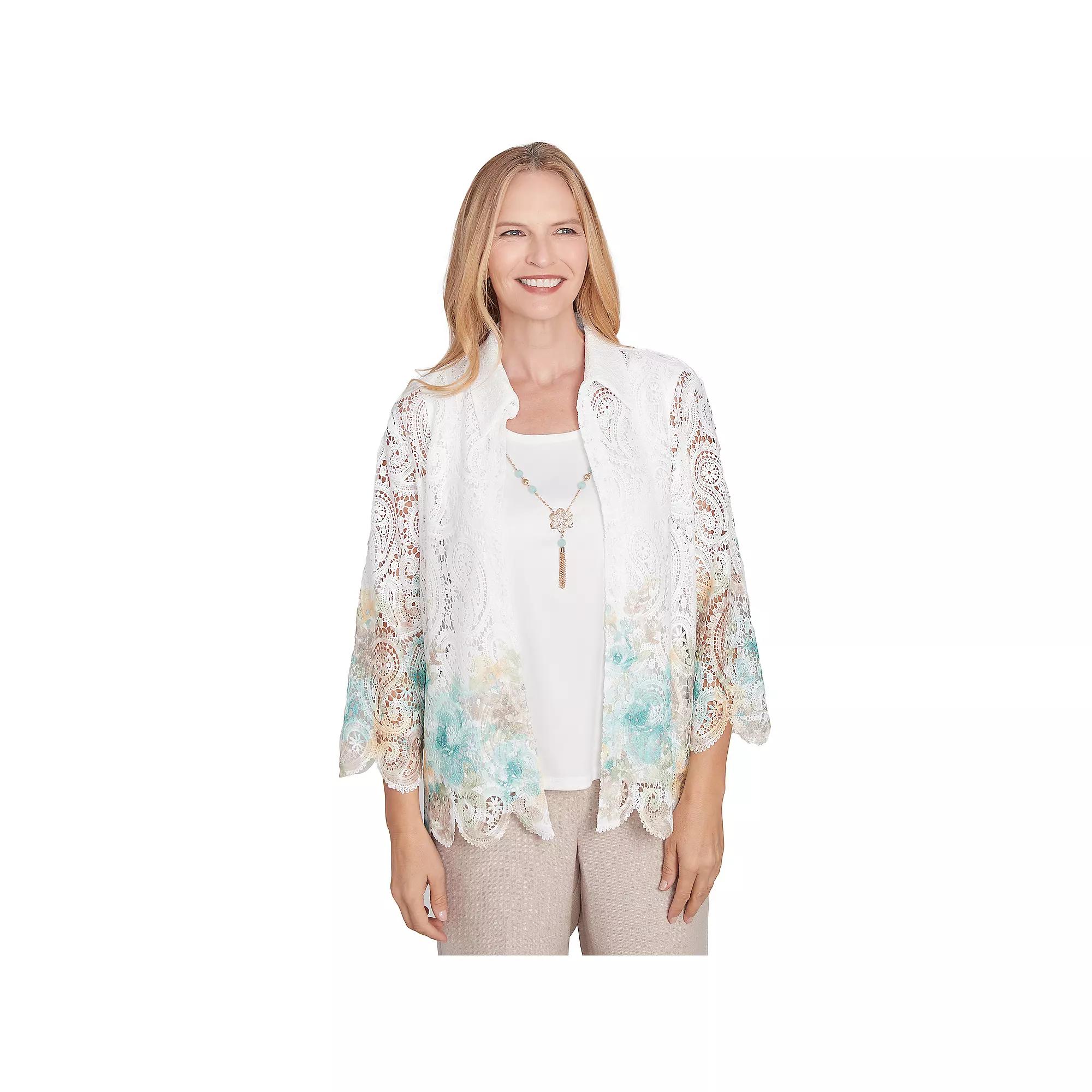 Women's Alfred Dunner Two-in-One Lace Floral Top with Necklace,  Product Image