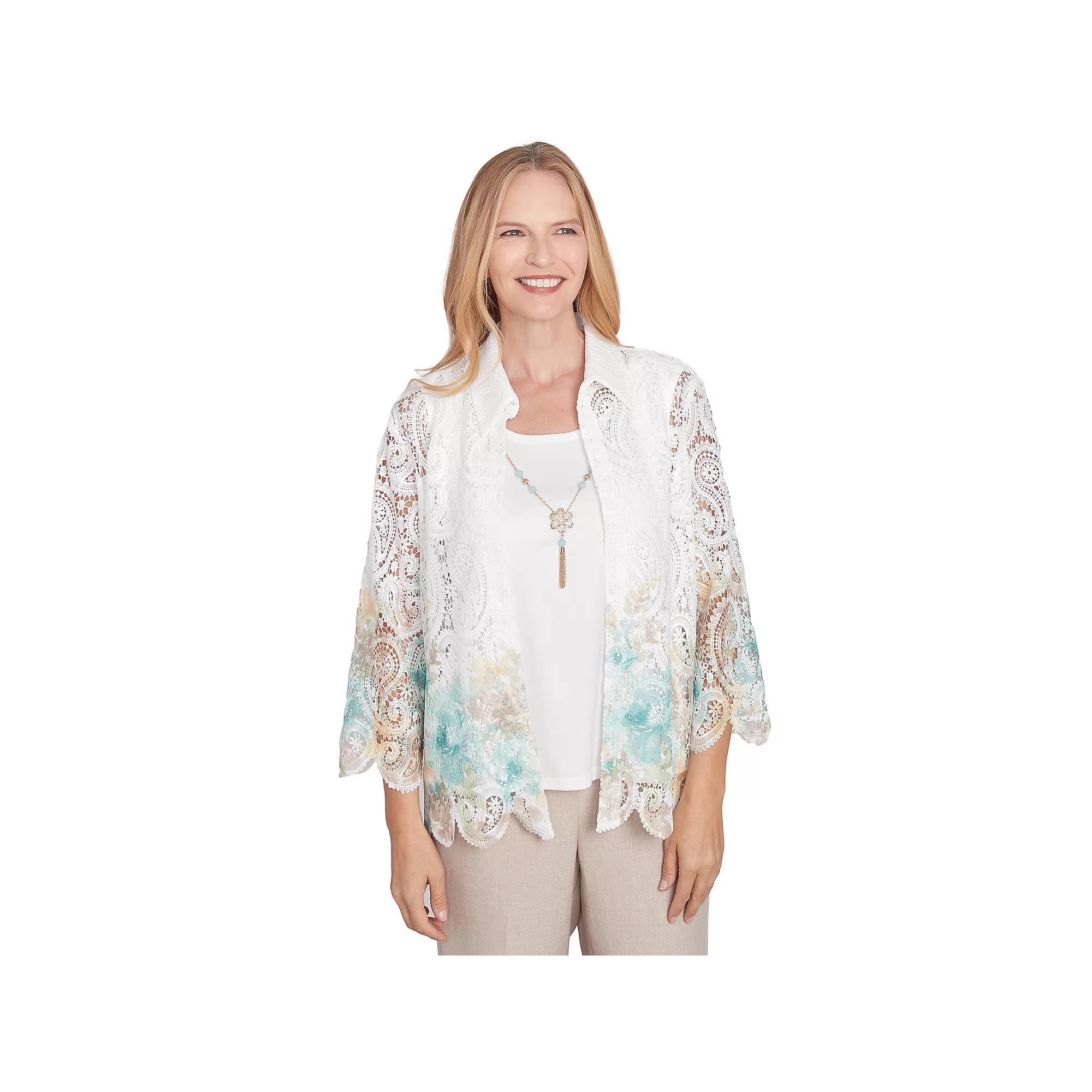 Women's Alfred Dunner Two-in-One Lace Floral Top with Necklace,  Product Image