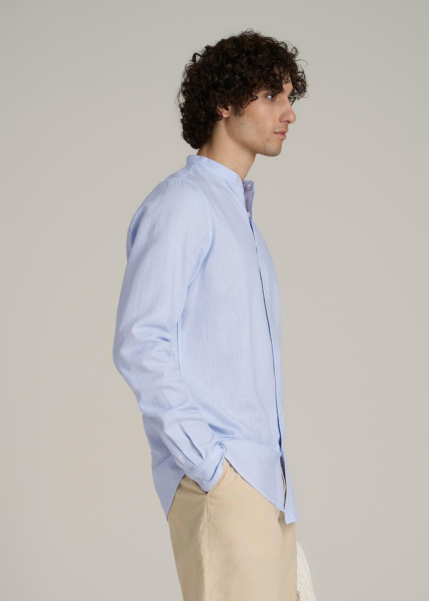 Band Collar Linen Button Shirt for Tall Men in Airy Blue Male Product Image
