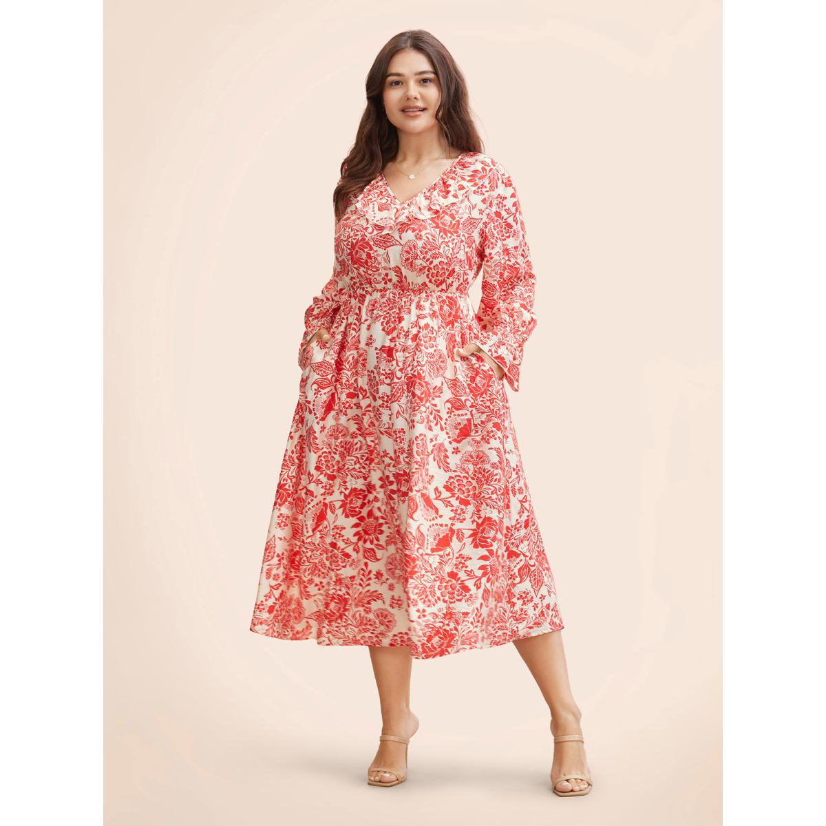 Plus Size Floral Lantern Sleeve Ruffle Trim Dress Crimson Women Elegant Ruffles V-neck Long Sleeve Curvy BloomChic 22-24/3X Product Image