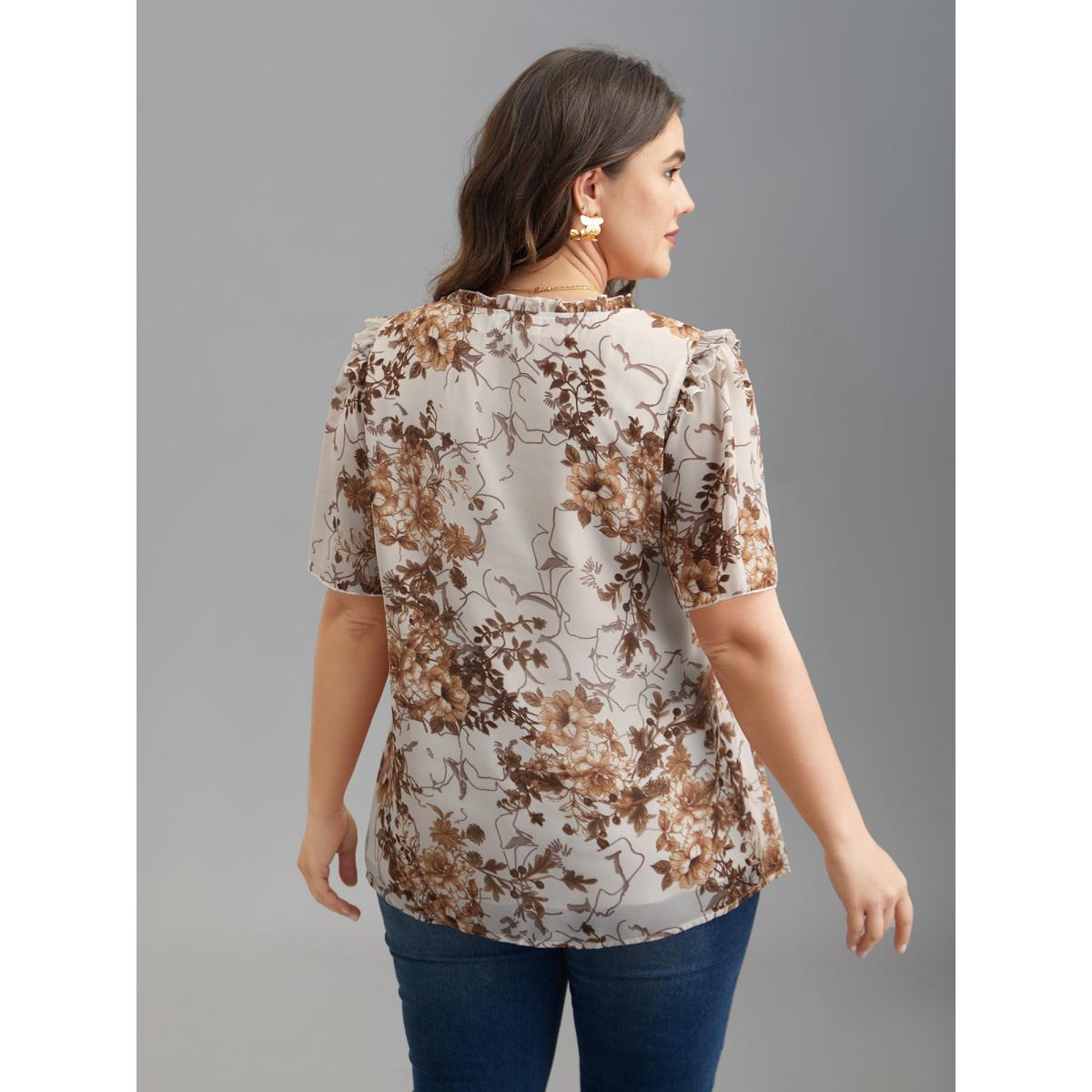 Plus Size WhiteSmoke Floral Print Ruffle Neck Shirt Women Elegant Short sleeve Flat collar with V-notch Everyday Blouses BloomChic 18-20/2X Product Image