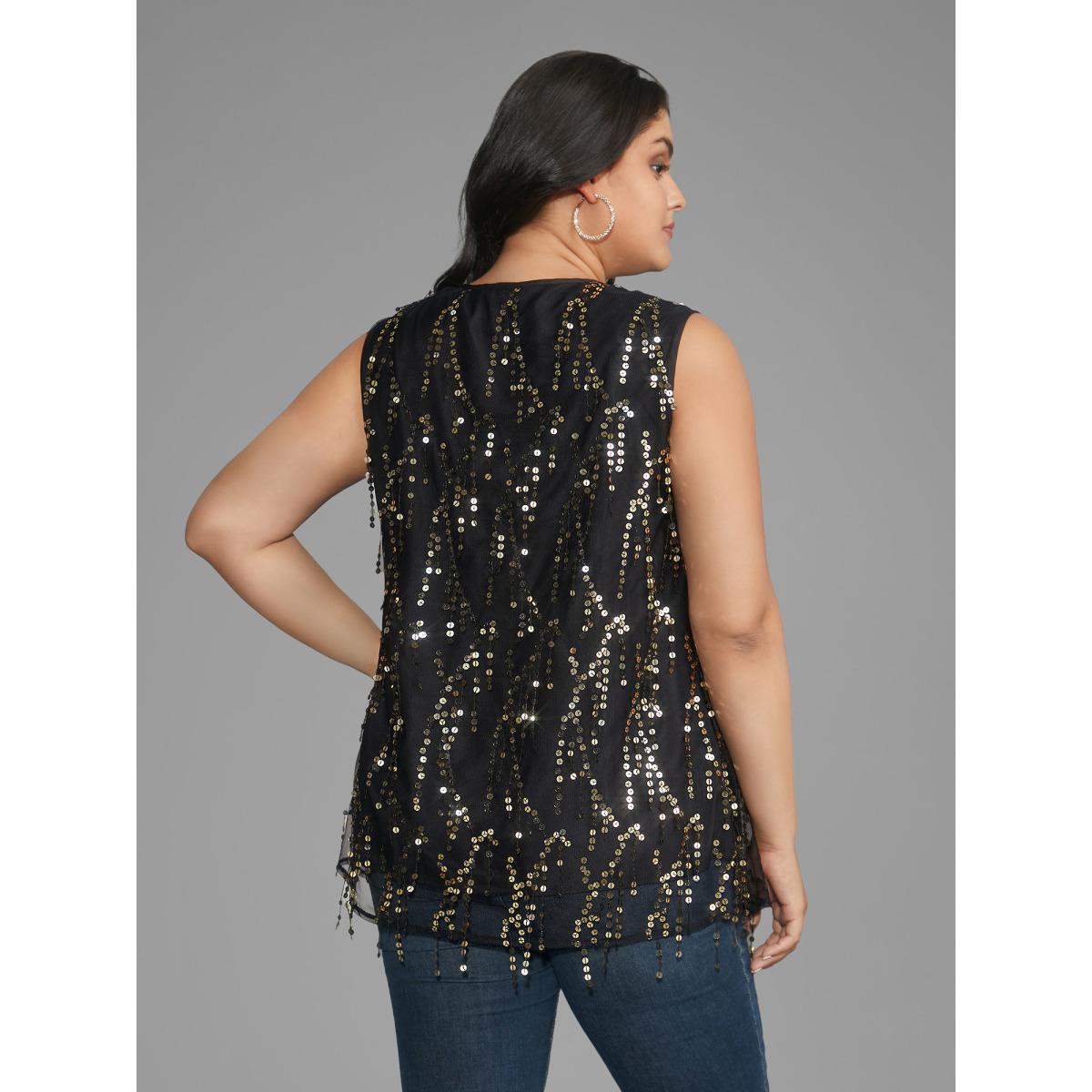 Plus Size Sequin Mesh Tassel Trim Tank Top Women Black Elegant Tassels Round Neck Everyday Tank Tops Camis BloomChic 14-16/1X Product Image