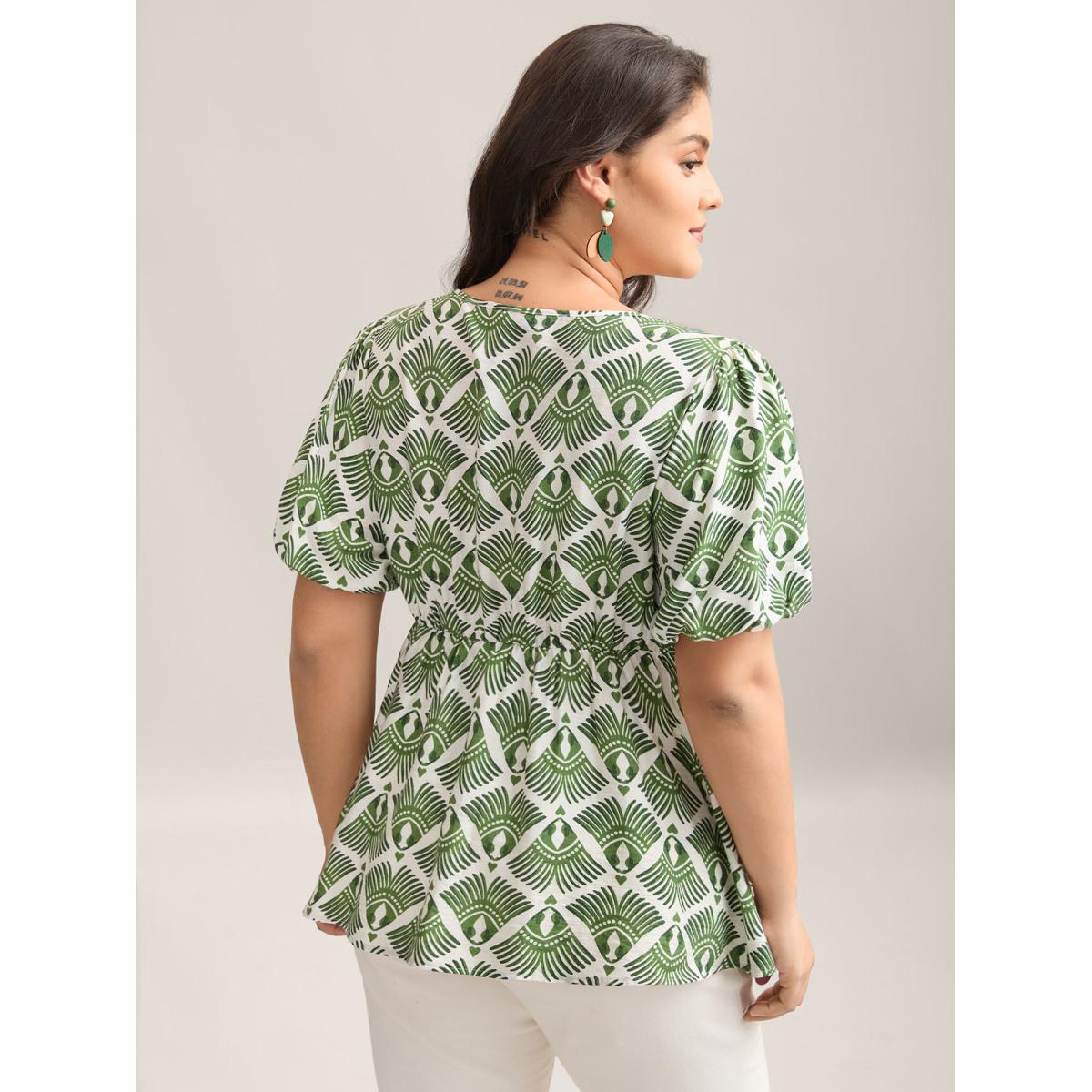 Plus Size Moss Large Floral Print Flared Sleeve Tie Blouse Women Short sleeve Flat collar with V-notch Vacation Blouses BloomChic 14-16/1X Product Image