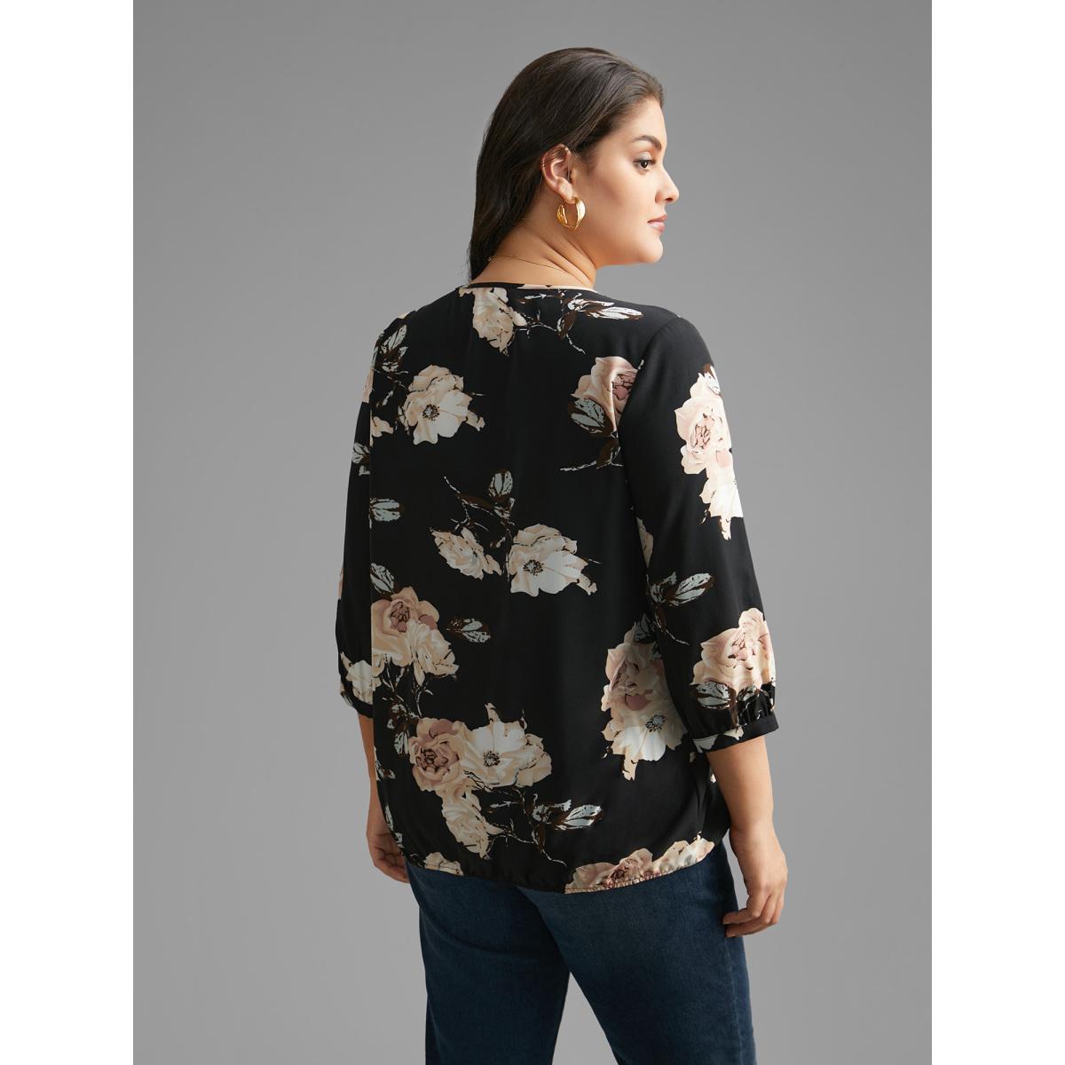 Plus Size Black Overlap Collar Floral Print Blouse Women Elegant Elbow-length sleeve Overlap Collar Everyday Blouses BloomChic 30/6X Product Image