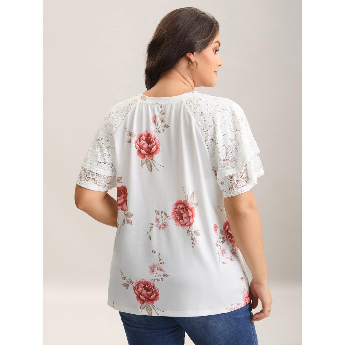 Plus Size Lace Sleeve Layered Floral T-Shirt WhiteSmoke Women Timeless Contrast Natural Flowers Round Neck Elegant T-shirts BloomChic 22-24/3X Product Image