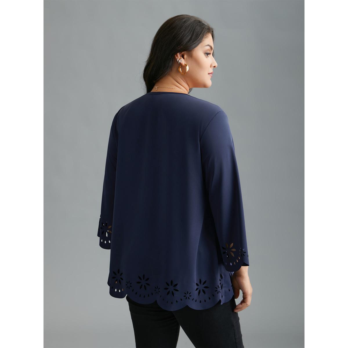 Plus Size Indigo Laser Cut Design V-Neck Blouse Women At the Office Three Quater Length Sleeve V-neck Work Blouses BloomChic 18-20/2X Product Image