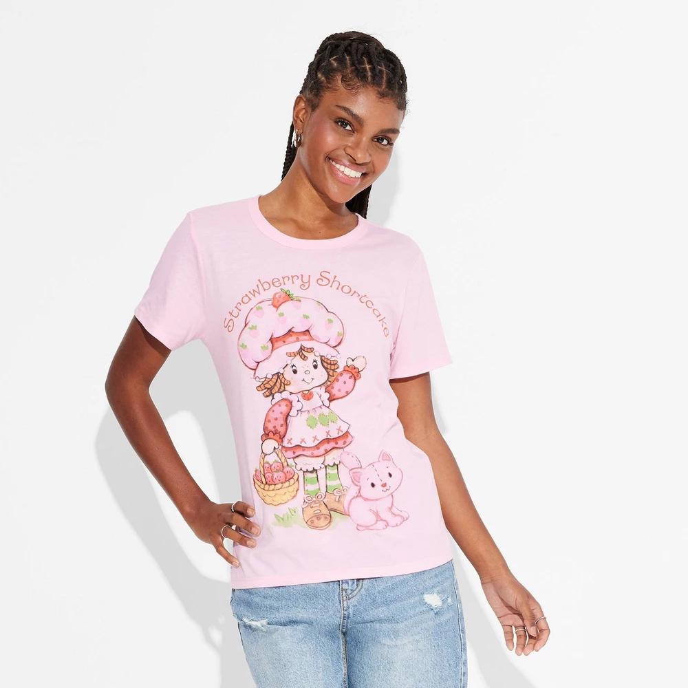 Women's Oversized Print Strawberry Shortcake Short Sleeve Graphic T-Shirt - Pink XXL: Lightweight Cotton-Polyester Blend, Roundneck Product Image
