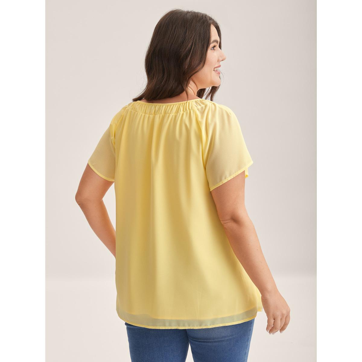 Plus Size Lightyellow Sheer Lined Neck Cut-Out Blouse Women Cap Sleeve Boat Neck Everyday-Elegant Blouses BloomChic 14-16/1X Product Image