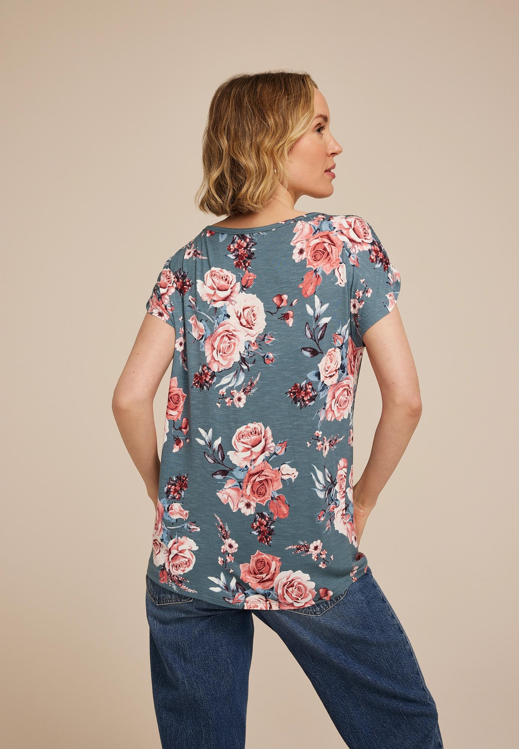 24/7 Fairhaven Floral Ruched Shoulder Tee Product Image
