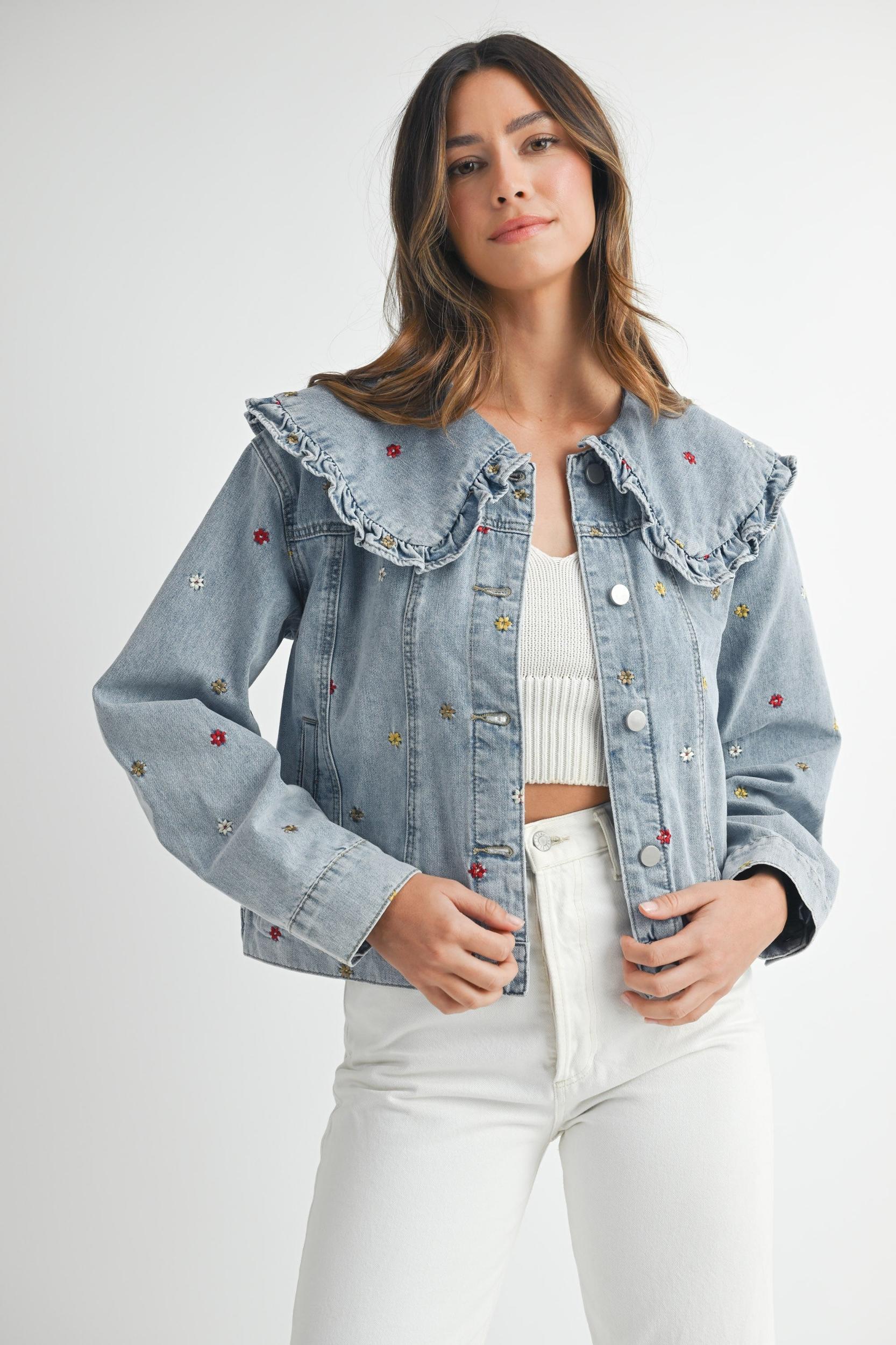 Peter Pan Collar Embroidered Denim Jacket Product Image
