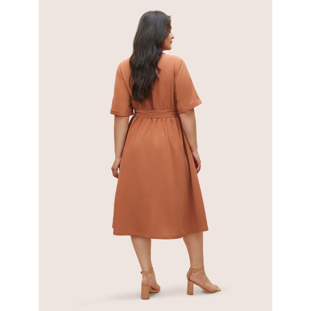 Plus Size Suit Collar Solid Belted Button Up Dress Rust Women At the Office Non Suit Collar Short sleeve Curvy Midi Dress BloomChic 28/5X Product Image