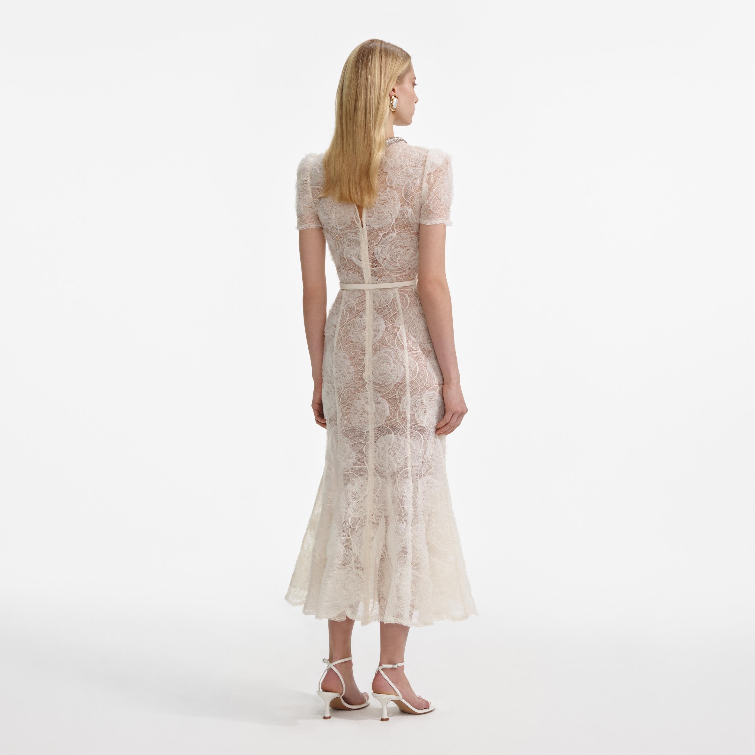 Cream Tulle Lace Midi Dress Product Image