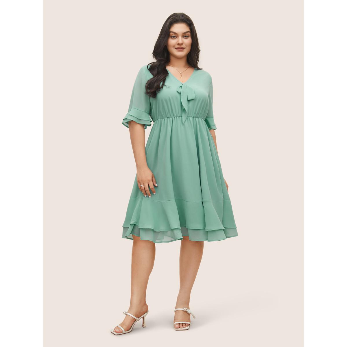 Plus Size Solid Bowknot Patchwork Tiered Ruffle Sleeve Dress Turquoise Women Elegant Non V-neck Half Sleeve Curvy Midi Dress BloomChic 30/6X Product Image