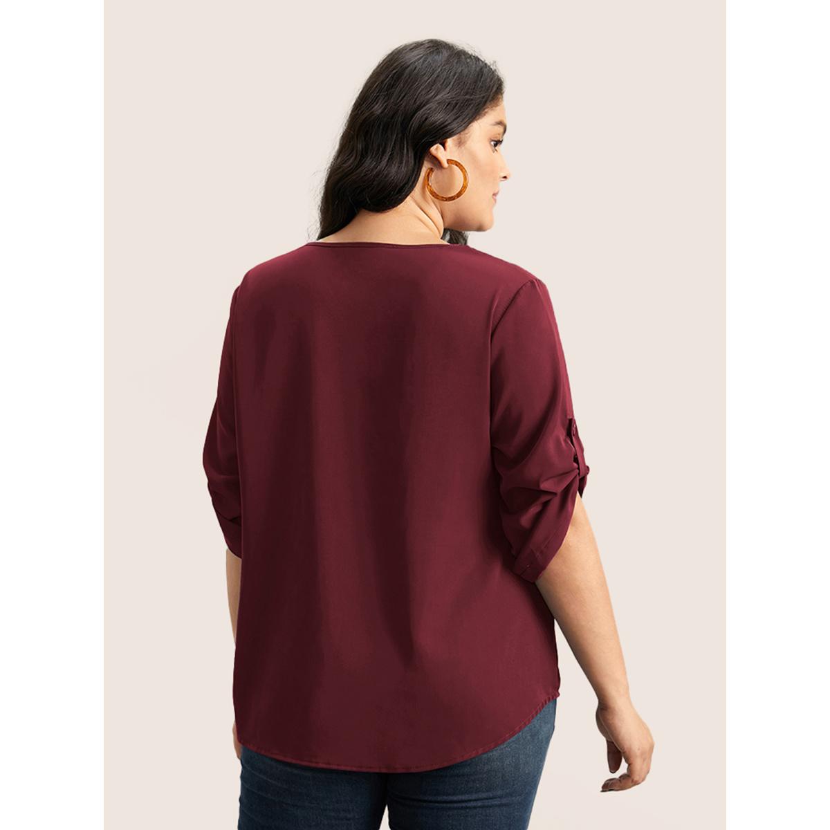 Plus Size Burgundy V Neck Plain Pleated Tab Sleeve Blouse Women At the Office Elbow-length sleeve V-neck Work Blouses BloomChic 12/L Product Image