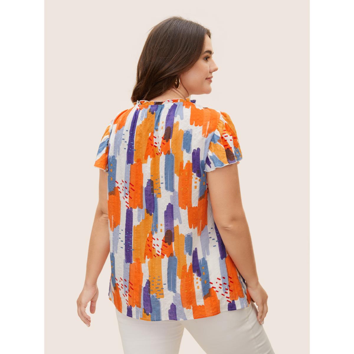 Plus Size Multicolor Brush Print Split Side Cap Sleeve Blouse Women Elegant Cap Sleeve Stand-up collar Everyday Blouses BloomChic 12/L Product Image