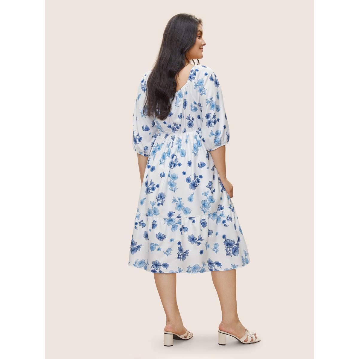 Plus Size Square Neck Floral Print Pleated Lantern Sleeve Dress White Women Elegant Non Square Neck Elbow-length sleeve Curvy Midi Dress BloomChic 12/L Product Image