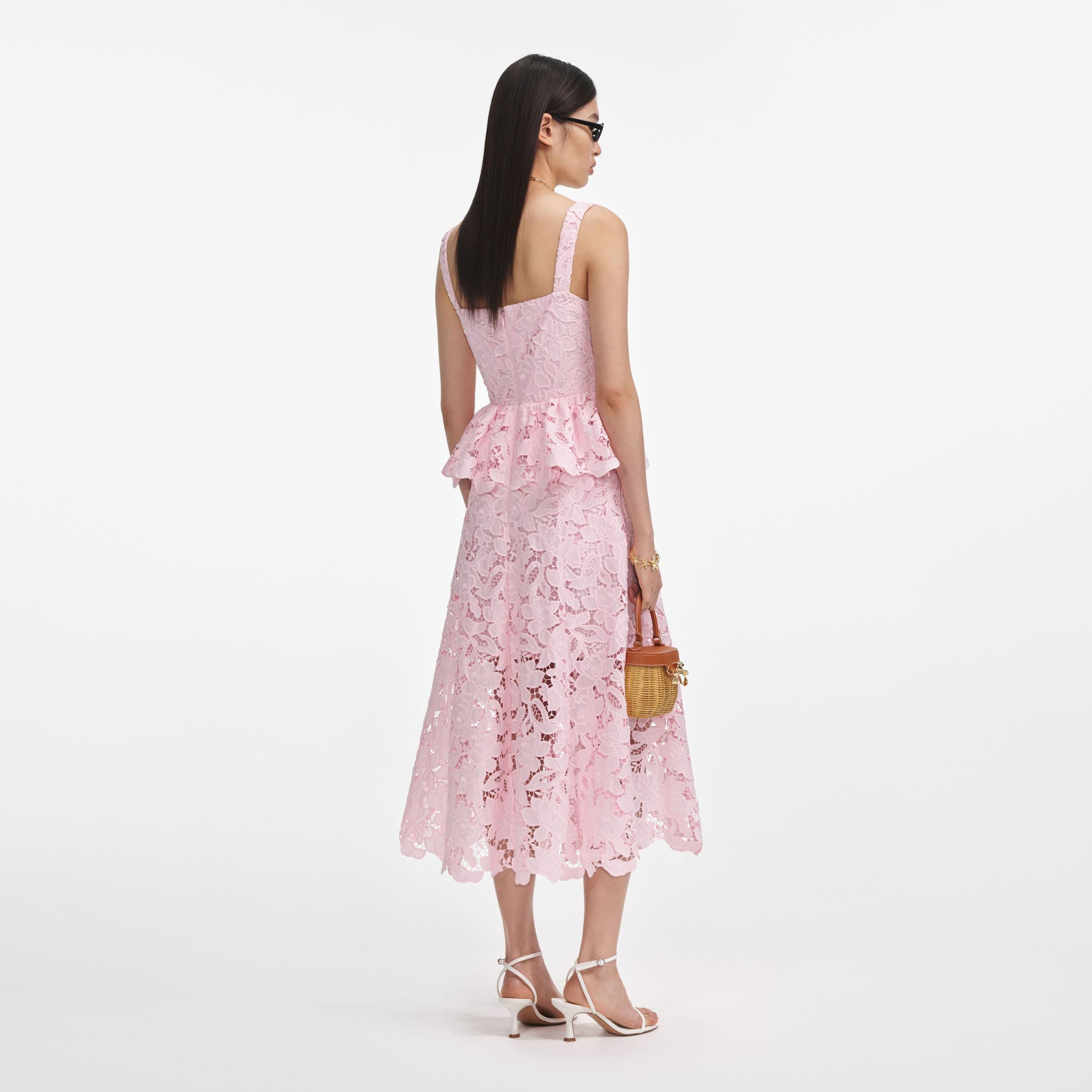 Pink Lace Peplum Midi Dress Product Image