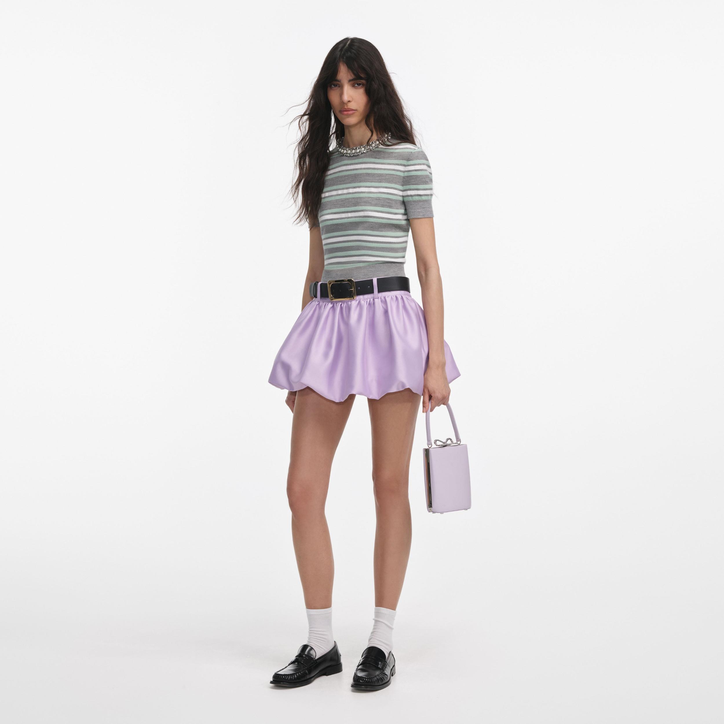 Grey Striped Crystal Trim Knit Top Product Image