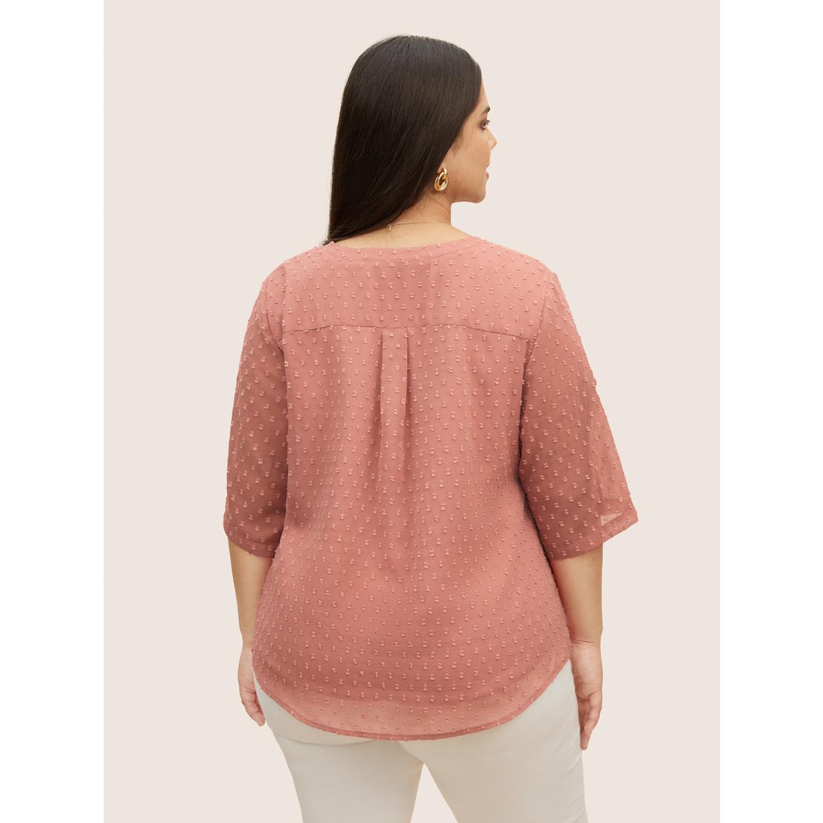 Plus Size DustyPink Chiffon Plain Textured Pleated Tab Sleeve Blouse Women At the Office Elbow-length sleeve Shirt collar Work Blouses BloomChic 14-16/1X Product Image