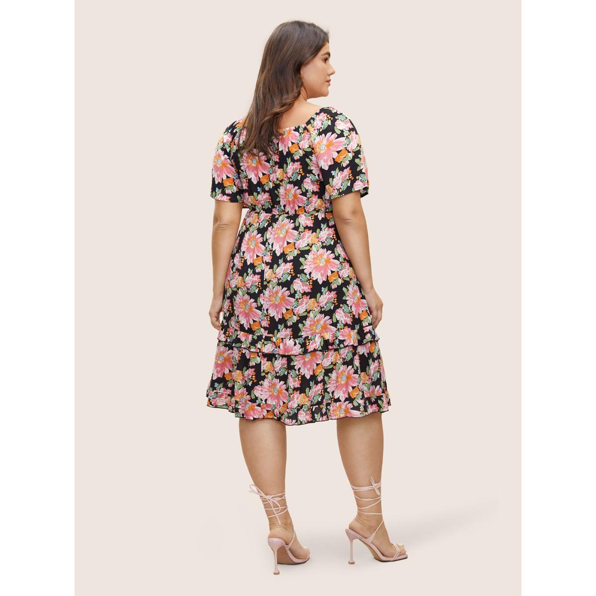 Plus Size Floral Shirred Ruffles Patchwork Pleated Dress Black Women Elegant Non Square Neck Short sleeve Curvy Midi Dress BloomChic 18-20/2X Product Image