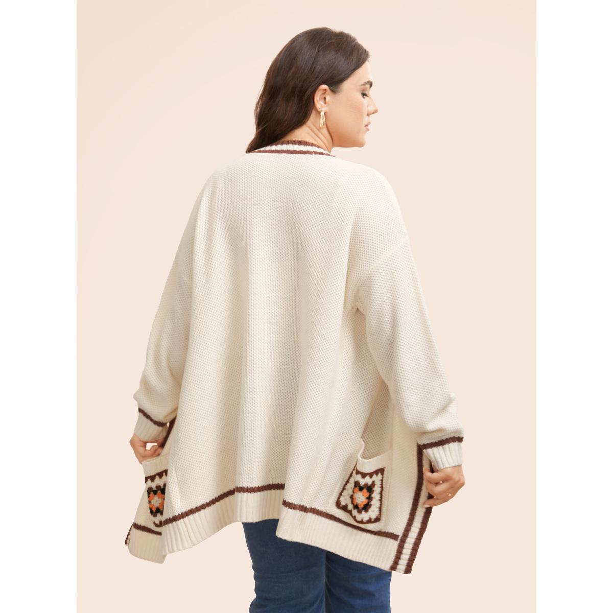 Plus Size Crochet Floral Patch Pocket Drop Shoulder Cardigan Beige Women Casual Loose Long Sleeve Everyday Cardigans BloomChic 14-16/1X Product Image