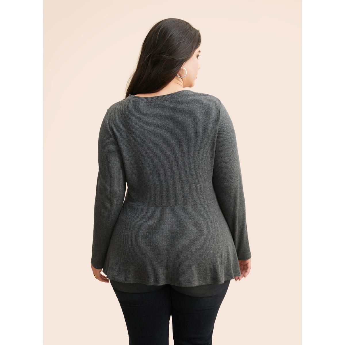 Plus Size Solid V Neck Asymmetrical Hem T-shirt DimGray Women Casual Texture V-neck Bodycon Everyday T-shirts BloomChic 12/L Product Image