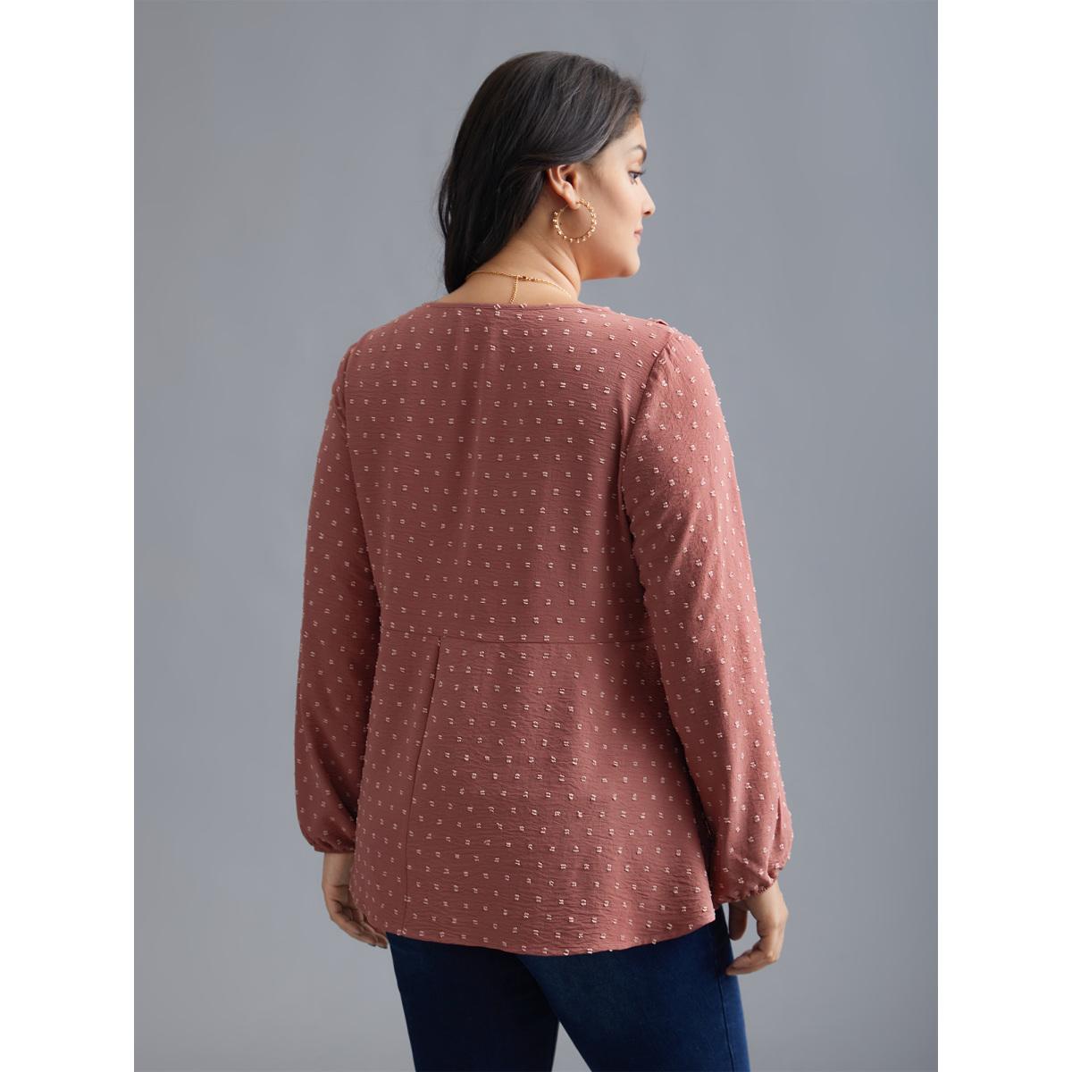 Plus Size Rouge V Neck Ruffle Trim Elastic Cuffs Blouse Women Elegant Long Sleeve V-neck Everyday Blouses BloomChic 28/5X Product Image