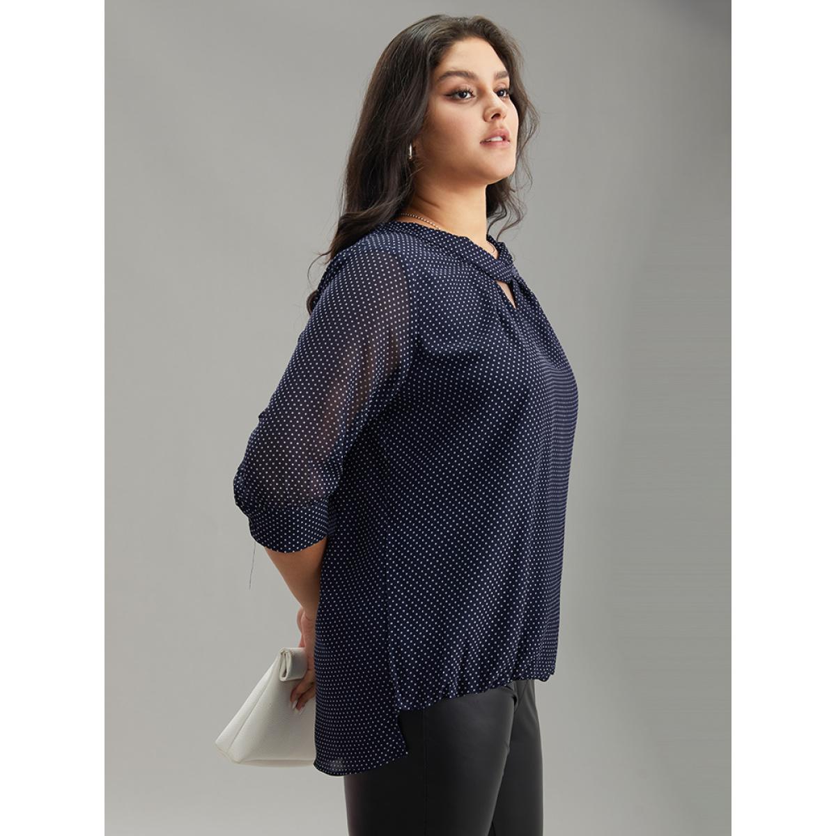 Plus Size Indigo Chiffon Polka Dot Mesh Keyhole Twist Front Blouse Women Office Elbow-length sleeve Round Neck Work Blouses BloomChic 14-16/1X Product Image