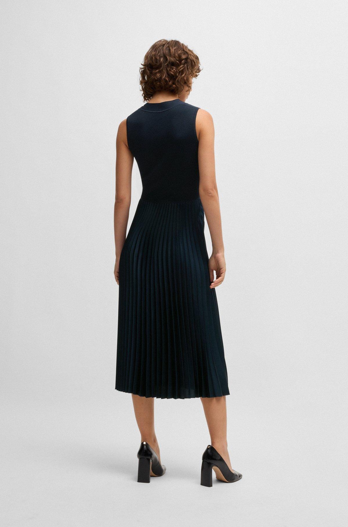 BOSS - Mixed-material dress with plissé skirt - Dark Blue Product Image