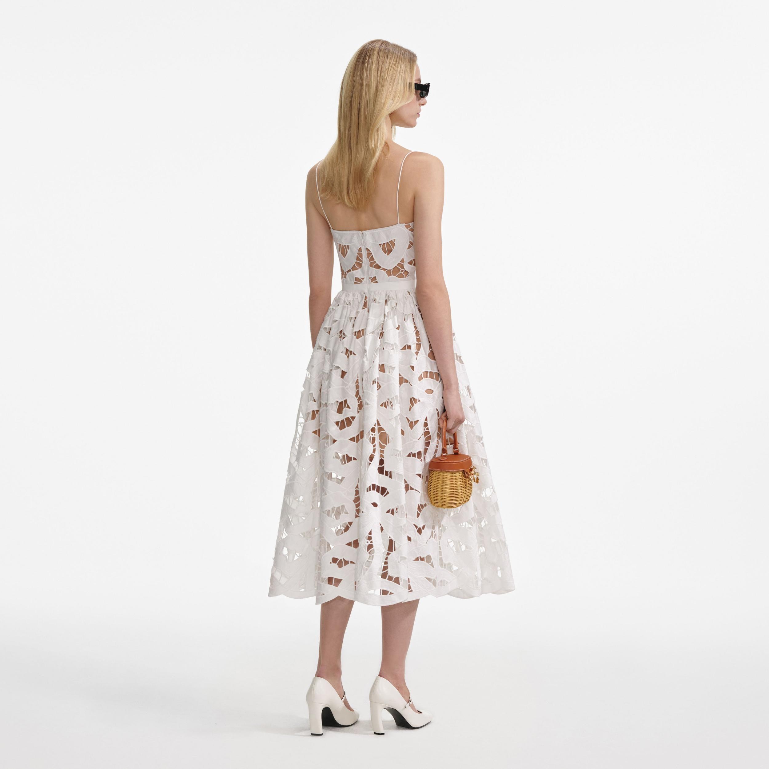 White Bow Embroidered Midi Dress Product Image