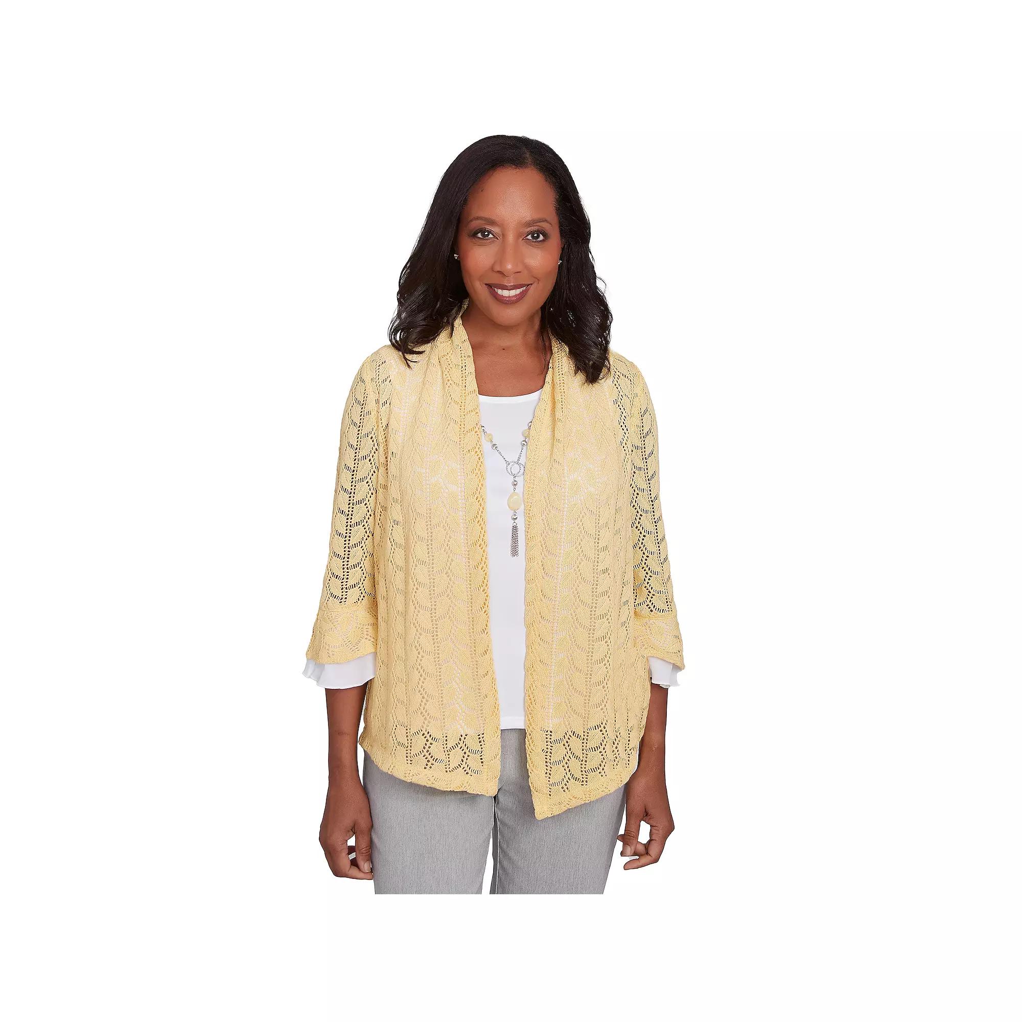 Women's Alfred Dunner Two-in-One Pointelle Knit Top with Necklace, Size: Medium, Buttercup Product Image