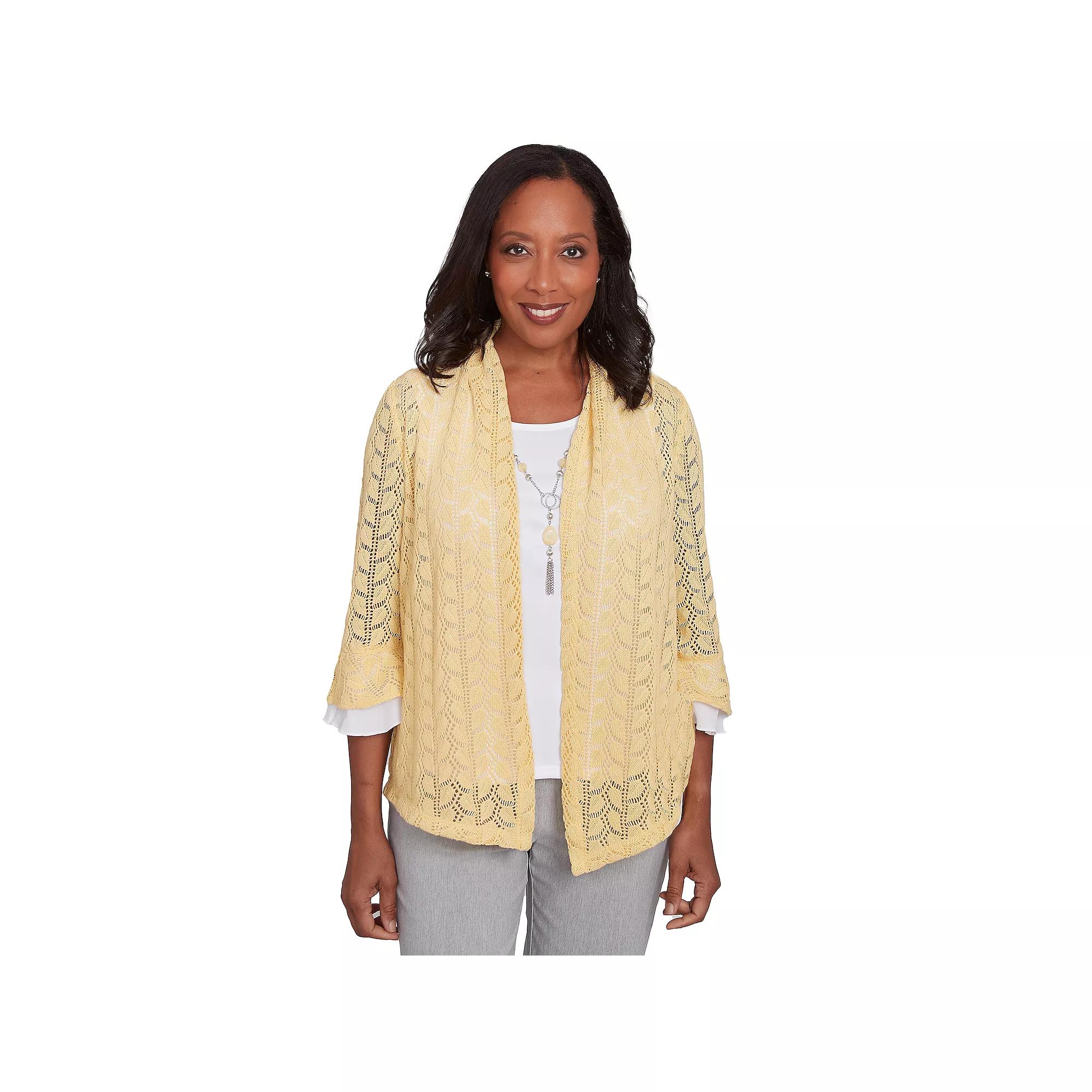 Women's Alfred Dunner Two-in-One Pointelle Knit Top with Necklace, Size: Medium, Buttercup Product Image