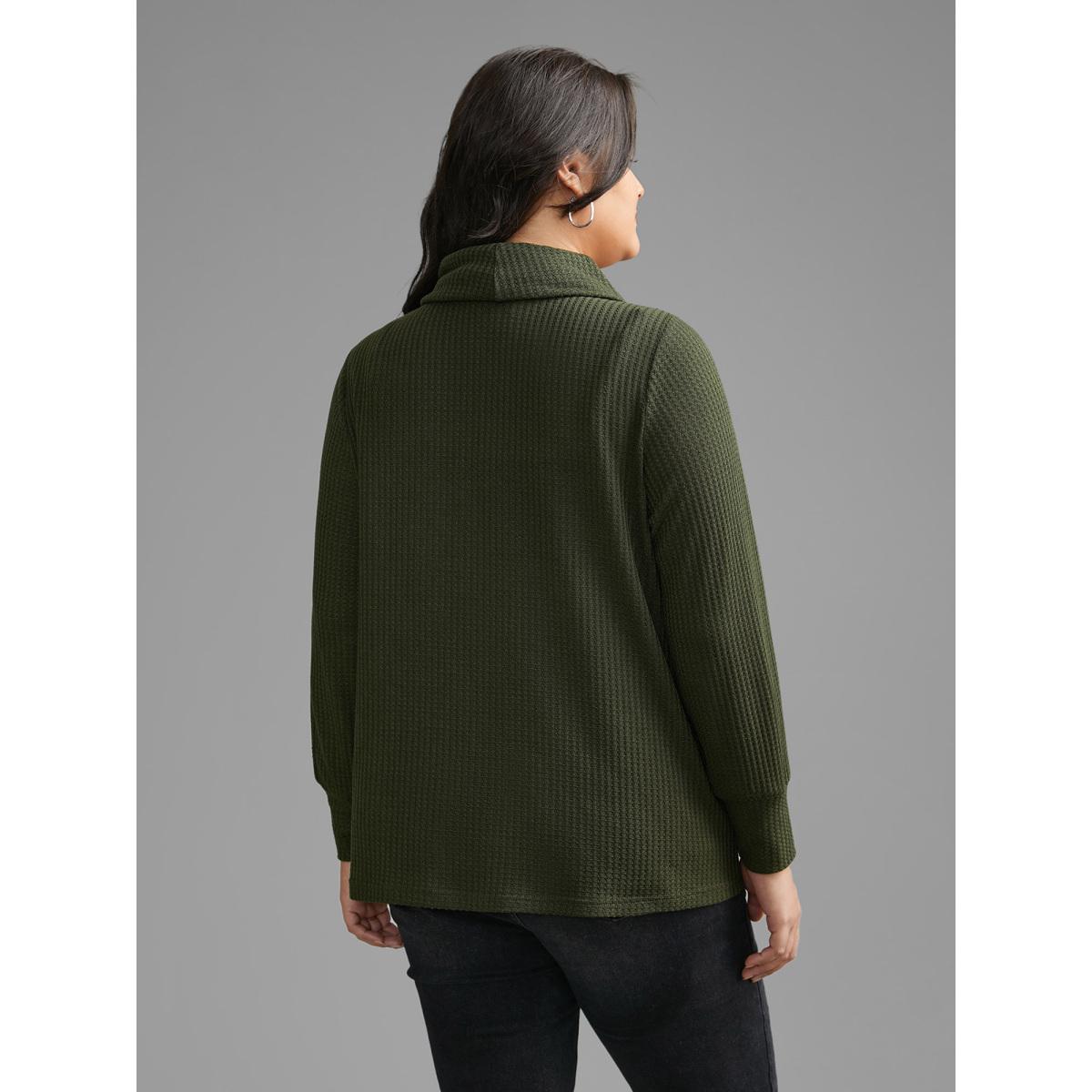 Plus Size Waffle Knit Turtleneck Drawstring T-shirt ArmyGreen Women Casual Texture Ruffled collar Everyday T-shirts BloomChic 30/6X Product Image