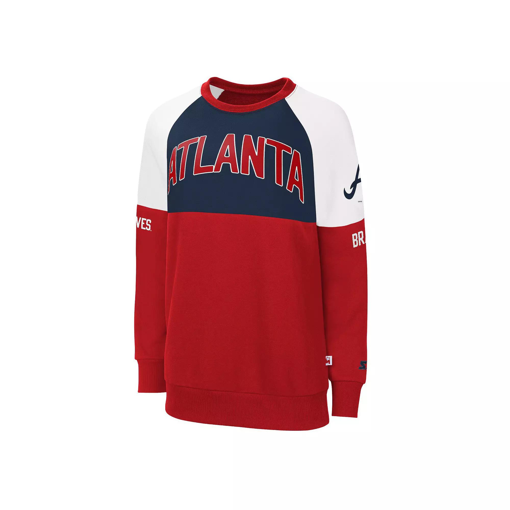Women's Starter Red/Navy Atlanta Braves Baseline Raglan Pullover Sweatshirt,  Product Image