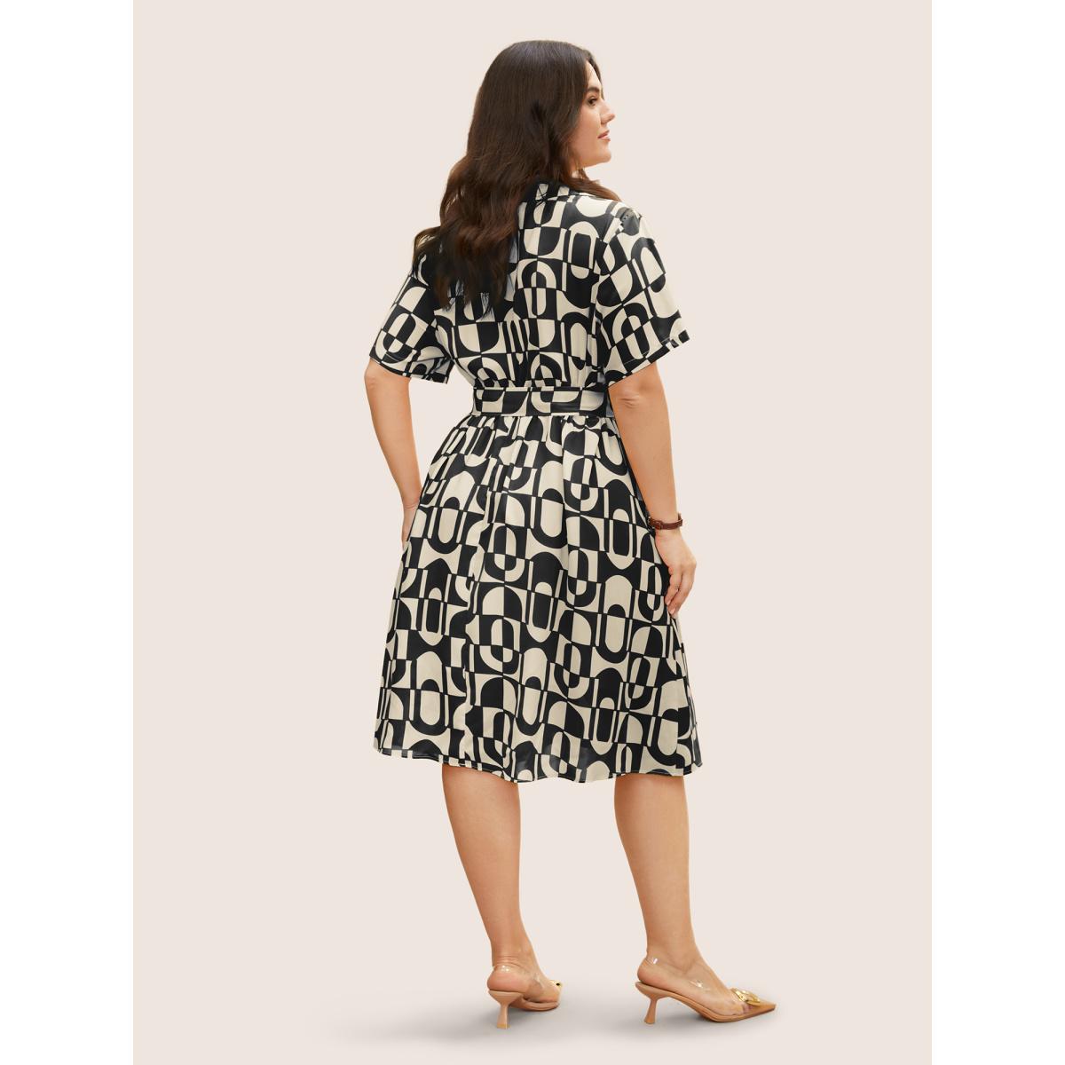 Plus Size Overlap Collar Geometric Belted Midi Dress Black Women At the Office Belted Overlap Collar Short sleeve Curvy BloomChic 10/M Product Image