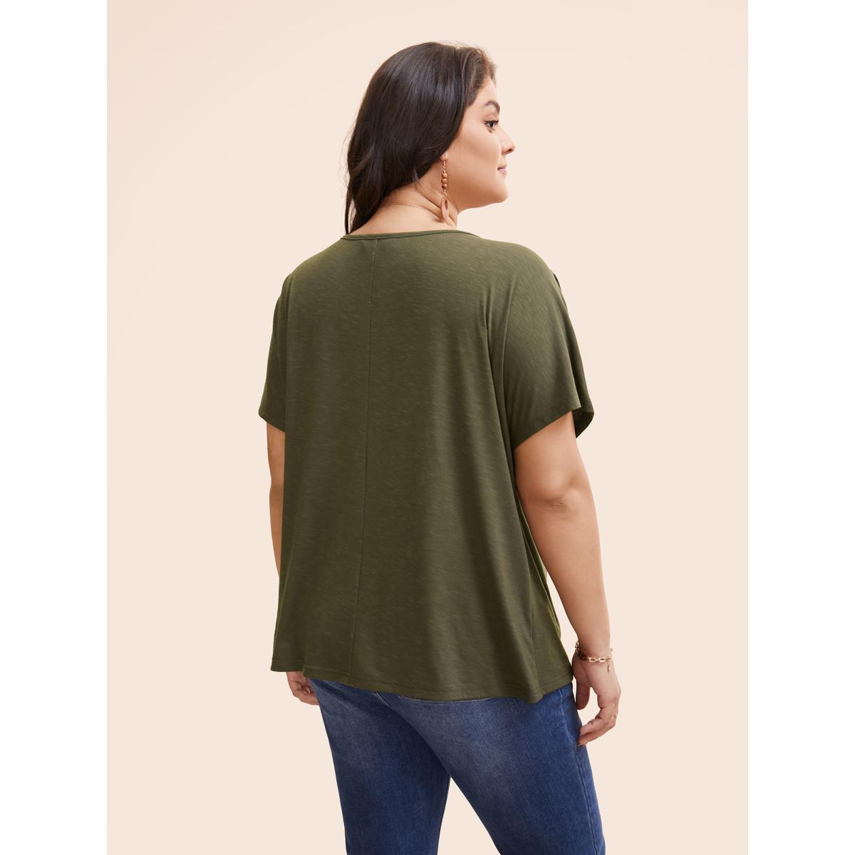 Plus Size Floral Embroidered Tie Knot Dolman Sleeve T-shirt ArmyGreen Women Resort Tie knot Art&design V-neck Vacation T-shirts BloomChic 26/4X Product Image