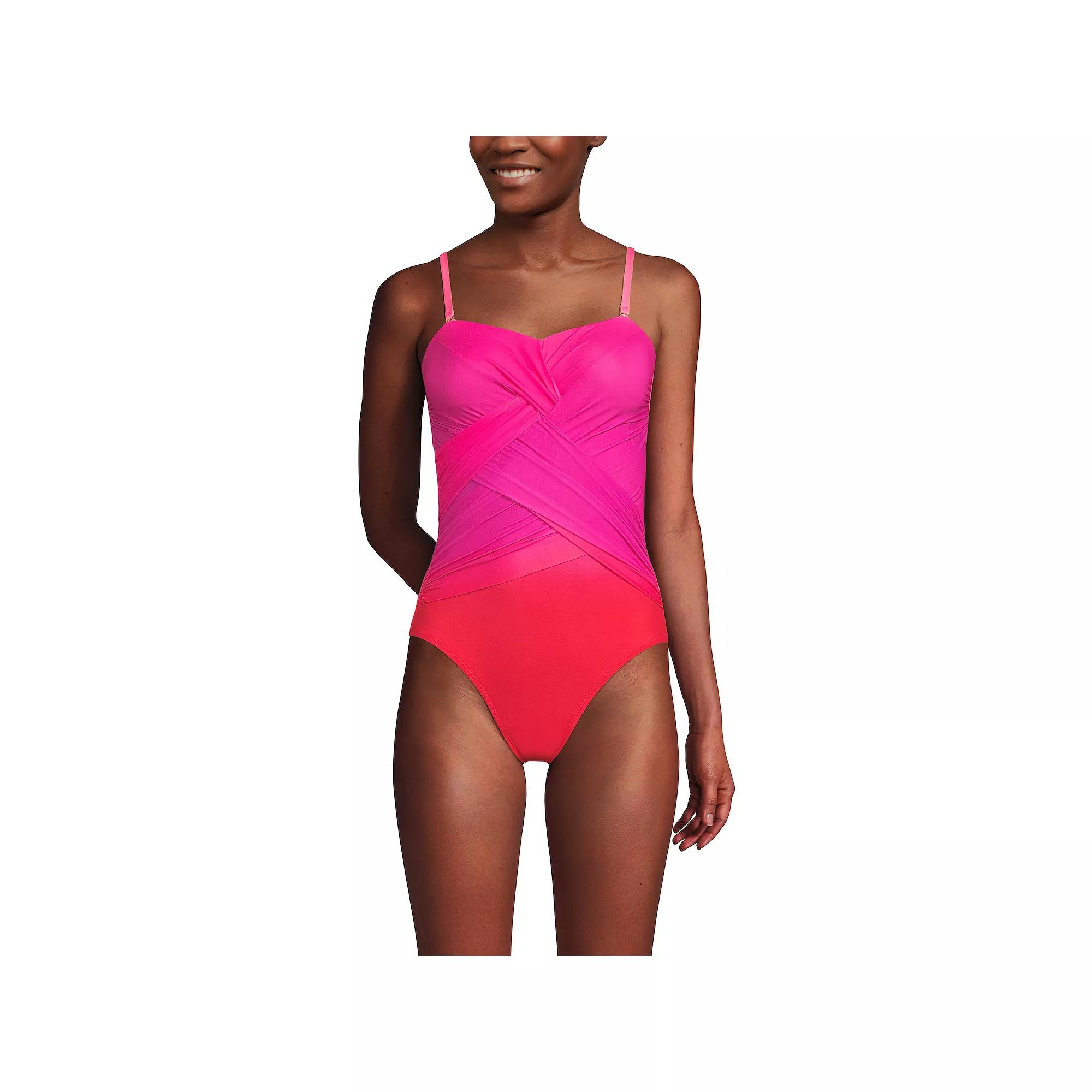 Women's Lands' End Slender Suit Wrap Bandeau One Piece Swimsuit, Size: 18, Pink Team Ombre Product Image