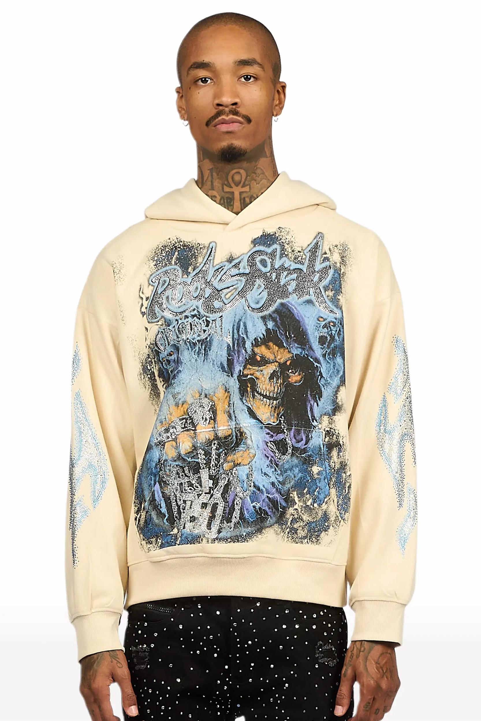 Kovari Beige Rhinestone Oversized Hoodie Male Product Image