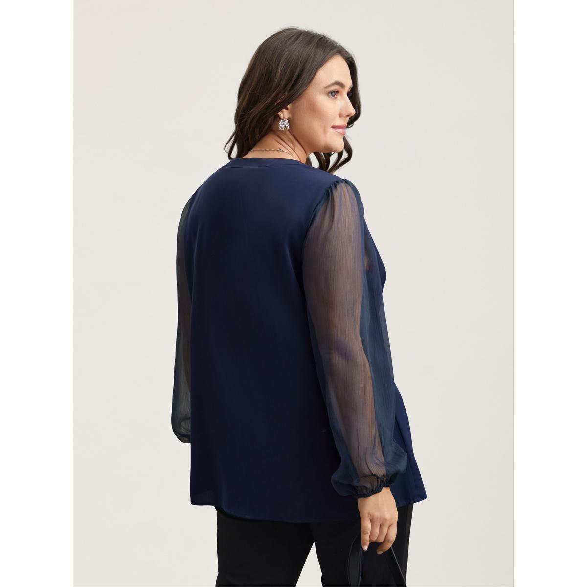 Plus Size Indigo Mixed Fabric Sheer Puff Sleeve Shirt Women At the Office Extra Long Sleeve V-neck Work Blouses BloomChic 28/5X Product Image