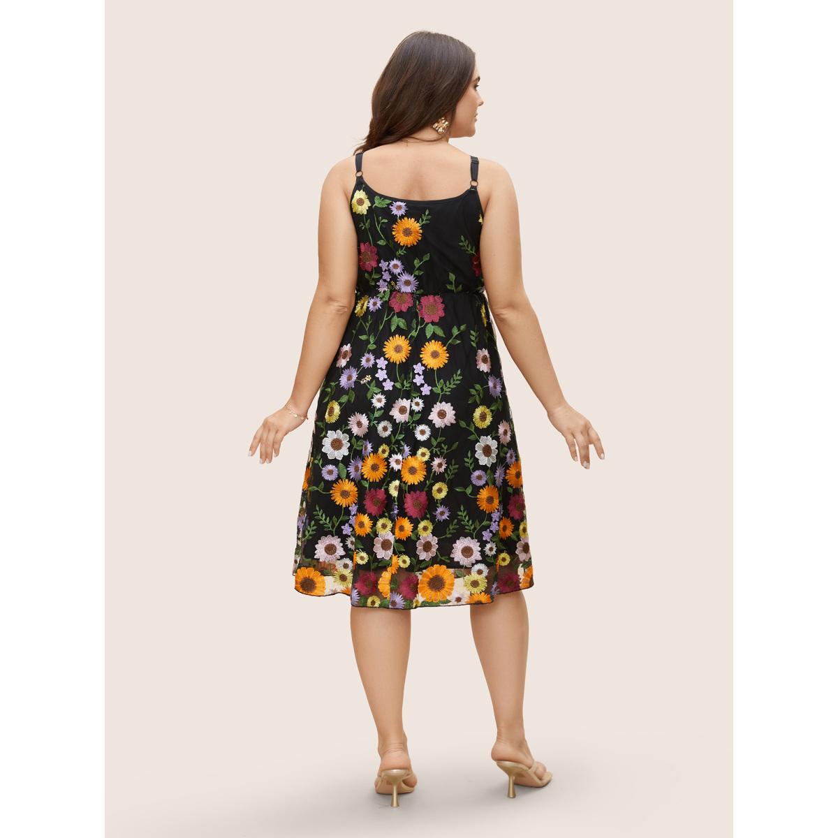 Plus Size V Neck Floral Embroidered Mesh Cami Dress Black Women Formal Embroidered V-neck Sleeveless Curvy BloomChic 28/5X Product Image