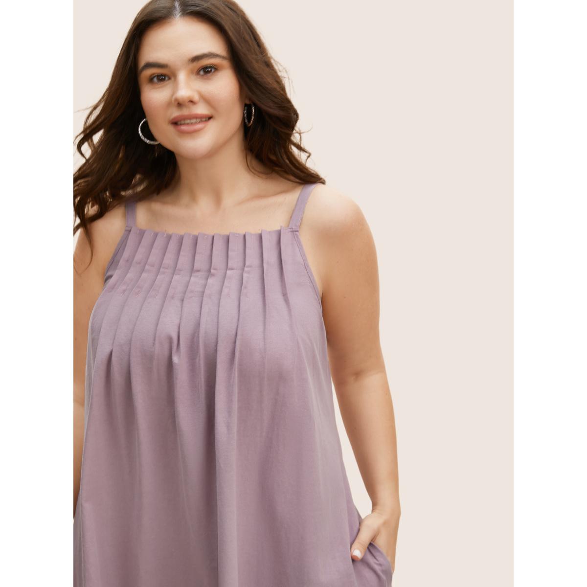 Plus Size Cotton Plain Pleated Loose Fit Cami Dress Heather Women Leisure Ruffles Non Sleeveless Curvy BloomChic 12/L Product Image