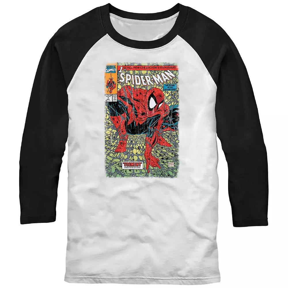 Men's Marvel Spider-Man Classic Comic Book Cover Raglan Graphic Tee, Size: Large, White Black Product Image