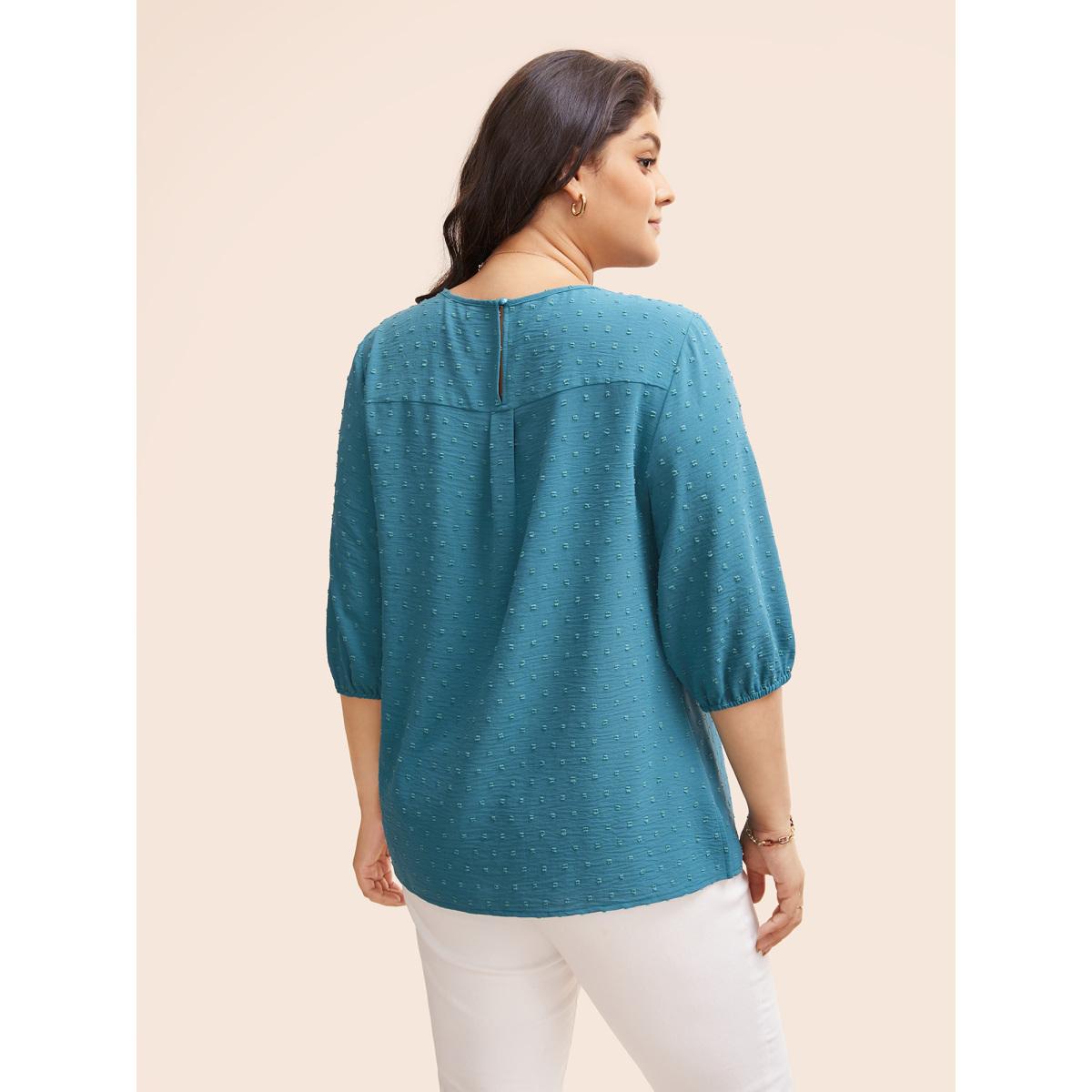 Plus Size Cerulean Texture Round Neck Pleated Lantern Sleeve Blouse Women Elegant Elbow-length sleeve Round Neck Everyday Blouses BloomChic 26/4X Product Image