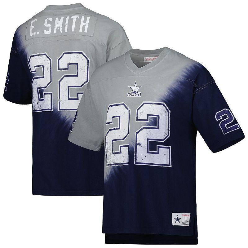 Men's Mitchell & Ness Emmitt Smith Navy/Gray Dallas Cowboys Retired Player Name & Number Diagonal Tie-Dye V-Neck T-Shirt, Size: Small, Blue Product Image