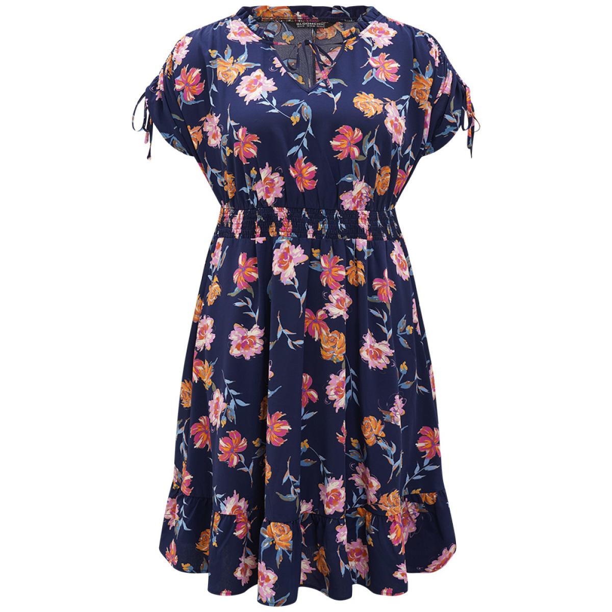 Plus Size Floral Knot Neck Drawstring Dolman Sleeve Shirred Dress Navy Women Elegant Frill Trim V-neck Short sleeve Curvy Midi Dress BloomChic 30/6X Product Image