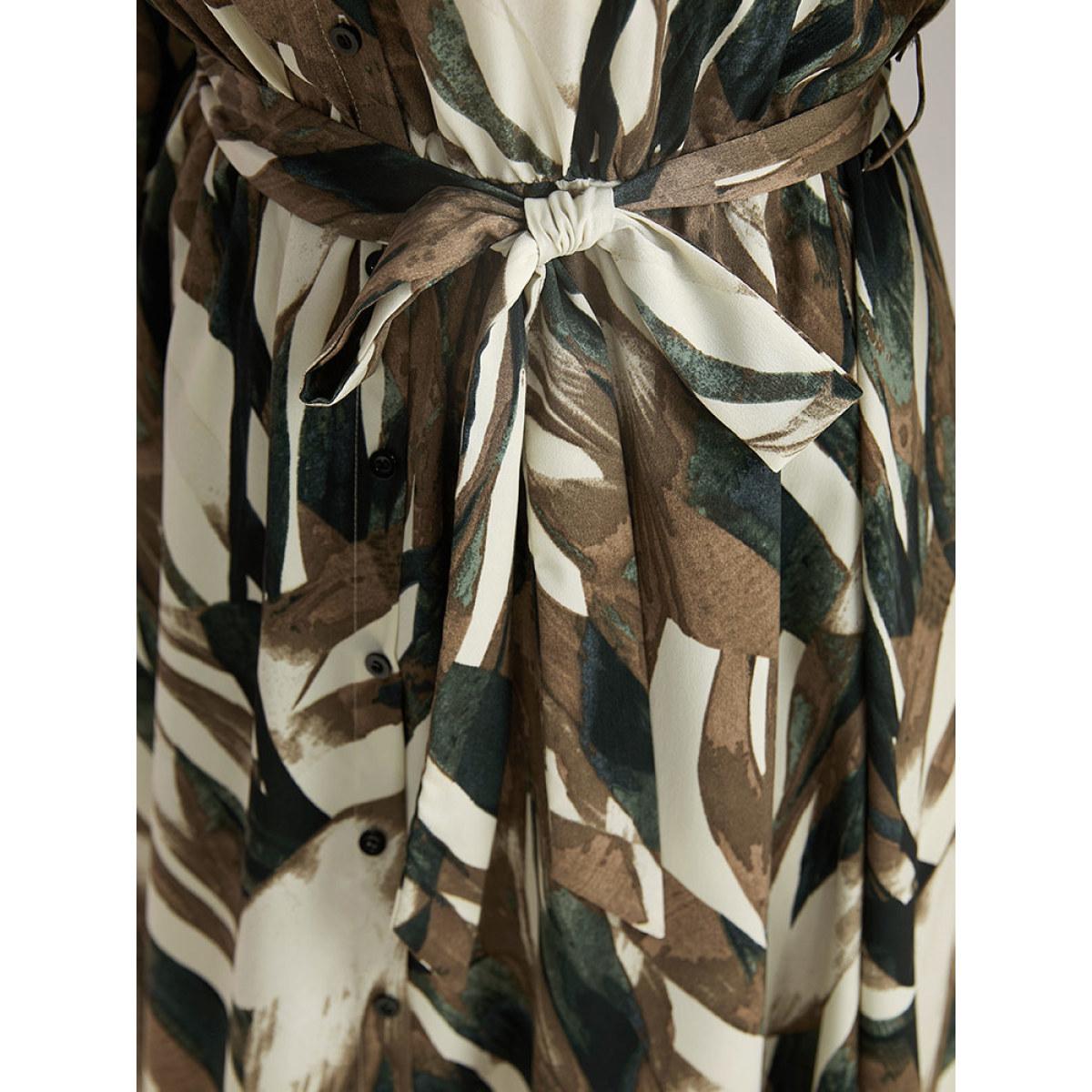 Plus Size Colorblock Contrast Belted Button Through Dress Multicolor Women At the Office Belted Shirt collar Long Sleeve Curvy Midi Dress BloomChic 18-20/2X Product Image