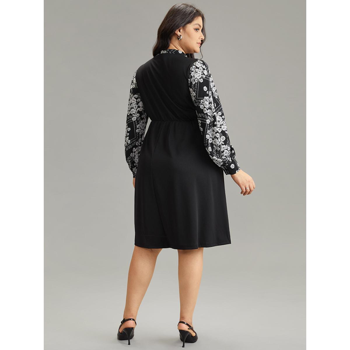 Plus Size Geo Graphic Knot Neck Patchwork Elastic Waist Dress Black Women Office Gathered Tie Neck Long Sleeve Curvy Midi Dress BloomChic 10/M Product Image